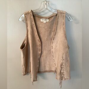 IDYLLWIND SIZE XL TAN FAUX SUEDE OPEN FRONT VEST WHIP STITCH FRINGE